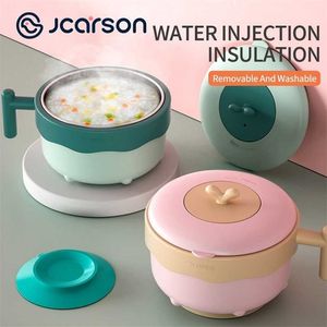 JCARSON Food Warm Injection Water Insulation Kids Dishes Stainless Steel Tableware Baby Sucker Feeding Bowl Plate Gadgets 211027