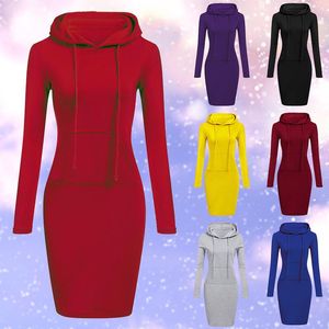 Casual Dresses 2022 Autumn Winter Warm Sweatshirt Long-sleeved Dress Woman Clothing Hooded Collar Pocket Simple Lady