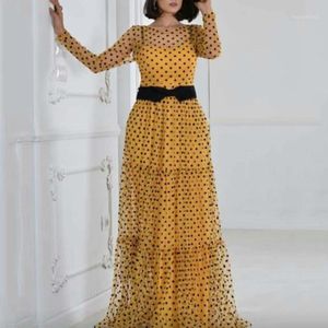 Günlük Elbiseler XXL XXXL Kadınlar Maxi Sarı Elbise Iki Parça Şeffaf Örgü Vintage Polka Dot Vestiods Artı Boyutu Bahar Sonbahar Uzun Sırcı