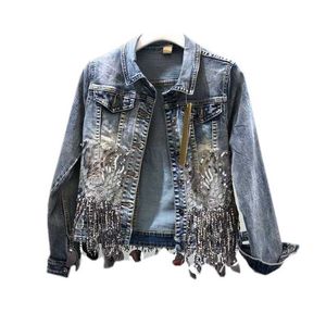 Mode handgjord pärla rivet denim jacka kvinnors tofs slim jeans kort sequined casual girl outwear 210531