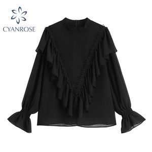Schwarze Chiffon-Bluse, Rüschen, gespleißt, Flare, lange Ärmel, solide OL-Hemden, weiblicher Frühling, lässig, lose, koreanische Rundhalsausschnitt-Tops 210417