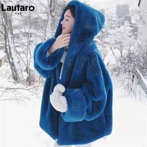 LAUTARO Kış Ölçekli Sıcak Mavi Yumuşak Faux Kürk Kadın Hood Ile Uzun Kollu Fermuar Kabarık Ceket Gevşek Kore Moda 211018