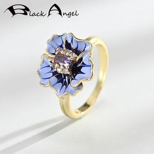 Rings de cluster Black Angel 18K Gold Gold Purple esmalte anel de girassol para mulheres 925 Jóias de casamento de ametha de prata