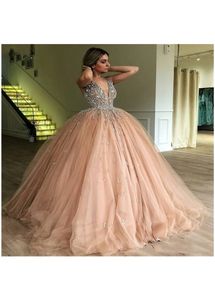 2022 Tulle Ball Gown Quinceanera Dress Elegant Heavy Major Beading Crystal Deep V Neck Sweet 16 A Line Dresses Evening Prom Gowns2421
