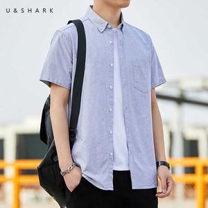 USHARK Летнее не железо Оксфорд рубашка с коротким рукавом мужчин 100% хлопчатобумажная рубашка для мужских платье рубашки серая корейская одежда 210603