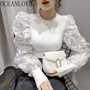 S-XL Koreański Odzież Swetry Solidna Koronka Latarnia Rękaw Eleganckie Kobiety Swetry Topy Jesień Zimowy Sueter 18561 210415