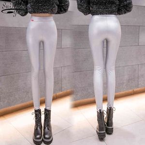 Style Autumn and Winter Pu Leather Leggings Black PU Pants Solid Color Plus Velvet High Waist Pencil 11688 210427