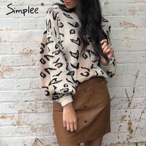 Leopard Print Kvinnor Pullover Höst Vinter Kvinna Casual Jumper Tröja Lantern Sleeve Streetwear Ladies Total 210414