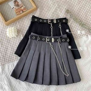 Корейский ulzzang короткие плиссированные юбки женские harajuku высокая талия мини-цепной пояс a-line Streetweaw School Vintage 210421