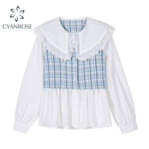 Jesień Koreański Styl Kobiety Koszula Z Długim Rękawem Patchwork Koronki Peter Pan Collar Casual Elegancka Bluzka Topy Kobiet Chic 210515