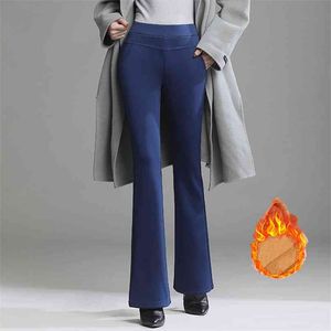 Warm Women Winter Flare Pants Thicken Fleece Trousers Female Black Blue Red High Waist Stretch Velvet Legging S-4XL 210925