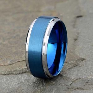 Bröllopsringar 8mm Mäns Blå Tungsten Karbid Ring Trendig Borstad Beveled Edge Män Band Smycken Tillbehör Storlek 6-13