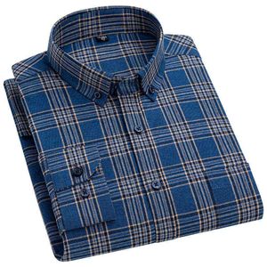 Aoliwen Мужчины 100% хлопок темно-синий плед повседневная длинная рукава рубашка S-7XL весна осенью кнопка Trend пот впитывающие тонкие рубашки G0105