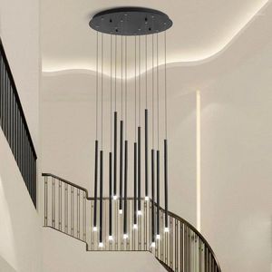 Modern Black Golden Long Tube LED Chandelier Spiral Staircase Hanging Lamp Nordic Living Room Adjusted Freely Fixture Lighting