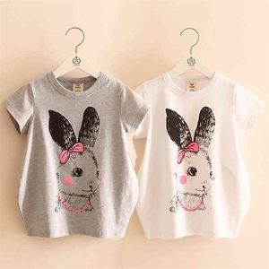 Summer Female Children'S Cotton White Gray Baby Child Long Design Rabbit Print Short Sleeve Kids Girls Loose T-Shirt 210701