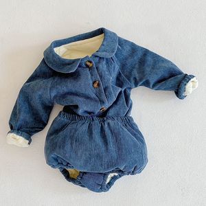 秋冬幼児の赤ちゃんの女の子長袖厚さカーディガンコート+ランタンショーツ2ピースセット子供スーツの服210429