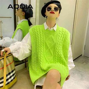 Harajuku Solto Fluorescente Mulheres Verdes Suéteres Coréia Oversize Malha Mulher Sweater Vest Winter Plus Size Pullover Roupas 210914