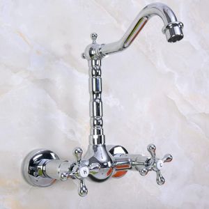Wholesale two hole kitchen taps resale online - Bathroom Sink Faucets Silver Chrome Two Hole Cross Handle Wall Mounted Kitchen Basin Faucet Mixer Taps H C Swivel Spout Dnf970