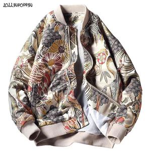 Japan Style Floral & Crane Embroidery Men Bomber Jacket Beige Stand Collar Streetwear Varsity Baseball Coat Plus Size 210818