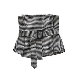 Być może U Tube Topy Kobiety Houndooth Sash Red Gray Khaki B0262 210529