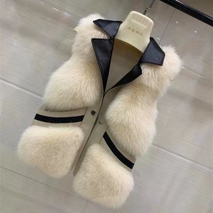 Women's autumn winter turn down collar PU leather patchwork faux fox fur vest coat warm thickening sleeveless casacos SMLXL