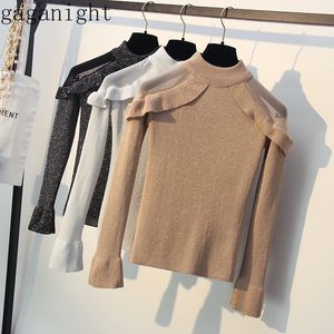 Gaganight Solid Women Lurex Sweater Long Sleeves O Neck Ruffles Pullovers Office Lady Korean Tops Mesh Knitted Jumper Full Femme 210519