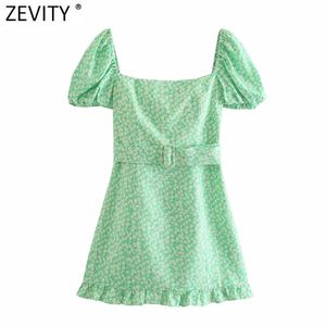 Women Sweet Floral Print Sashes Linen Mini Dress Female Chic Summer Puff Sleeve Hem Pleat Ruffles Slim Vestido DS8310 210420