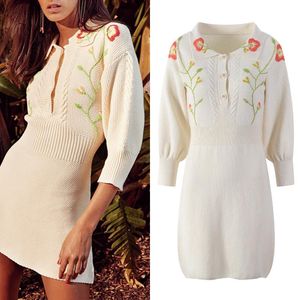 Casual Dresses Runway Dress With Embroidery Lapel Collar Women Apricot Sweater 2021 Autumn 3/4-Length Lantern Sleeve Knit Slim Mini