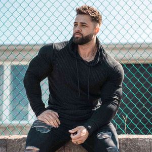 Spring Fashion Hooded Sweaters Men Casual Turtleneck Sweaters Slim Fit Sports Pullover Men Sweater Gym Knitwear Pull Homme 211109