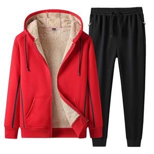 Hooded Men's Winter Fleece Tracksuit Engrossar Quente suor Suites Sportswear Zipper Hoodie + Calças 2 Peça Jogger Sets 8xl 211123