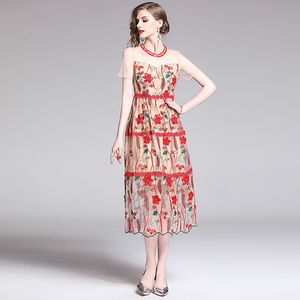 Mulheres Verão Malha Maxi Vestido Redondo Collar Floral Bordado Vestido Elegante Red Lining Ankle-Comprimento Slim Partido Vestido Longo 210514