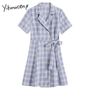 Yitimuceng Plaid Bow Lace Up Klänningar Kvinnor Kläder Sommar Koreansk Fashion High Waist A-Line Notched Square Collar Dress 210601