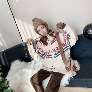 Mulheres de malha cardigans outono moda leopardo impressão bolso tricot suéter inverno coreano solto quente outwear 210419