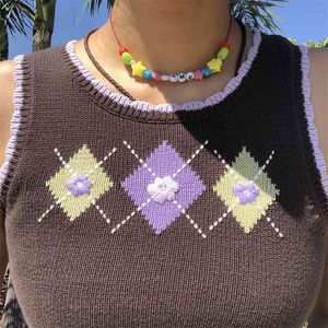 Streetwear Argyle Y2K colheita de malha camisola colete mulheres sem mangas o-pescoço pulôvers vintage 90s xadrez casual top knitwear jumper 210510