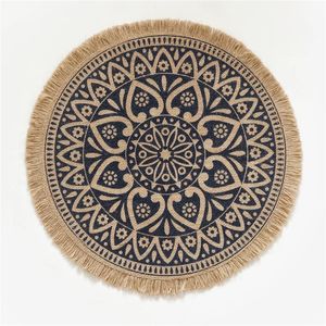NEW Creative Placemats Vintage Linen Fabric Round Tassel Mats Farmhouse Woven Jute Pads for Dining Room Kitchen Table Decor