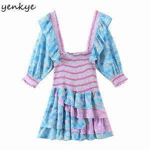 Romantisk Blomstryck Skiktad Ruffle Dress Kvinnor Sexig Square Neck Puff Sleeve Mini Sommar Boho Short Vestido 210430