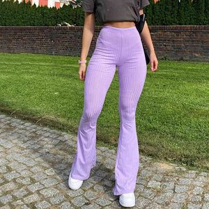 Women Purple Ribbed Joggers Knitted Flare Pants Bag Hip Slim High Waist Aesthetic Trousers Female Y2K Vintage 90s Sweatpants 210517