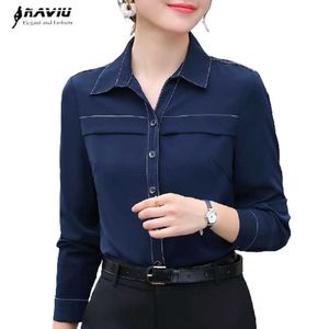 Camisa Formal Profissional Mulheres Chiffon Temperamento Marinho Azul Mola Longa Manga Loose Blusas Escritório Senhoras Trabalho Tops 210604