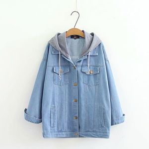 Kvinnor Denim Blue Hooded Slå ner Kragejacka Lossa Oversize Pocket Tun C0052 210514