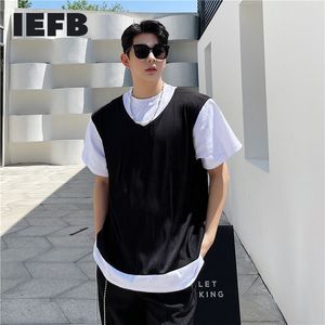 IEFB韓国トレンド半袖メンズTシャツのコントラストカラーパッチワーク偽2ピースカジュアルラウンドカラーTシャツ夏9Y7380 210524