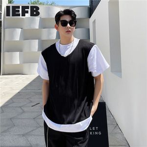 IEFB Coreano Tendência Manga Curta T-shirt Homens Contraste Cor Retalhos Falso Dois Parte Casual Rodada Coleira T-shirt Verão 9Y7380 210524