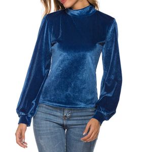 Vinter sammet Turtleneck varma toppar Tee Shirts Lantern Sleeve Blå S M L XL Girls Spring Casual Tshirts Kläder för kvinnor 210527