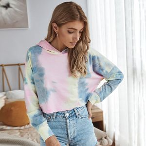 Felpa coreana Donna Autunno Estate Moda Stampa Tie-Dye Manica lunga Lavorata a maglia Casual Tie-Dye Breve Con cappuccio felpe kawaii 210514