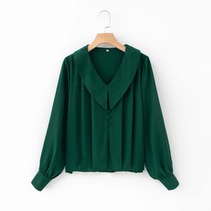 Chegadas de outono HSA recusam blusa de formalismo verde do exército de colarinho e manga longa ol casual tops blusa 210417