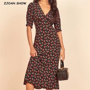 Vintage Fransa Stil Gül Çiçek Baskı Kadın Elbise Siyah Seksi Ahşap Kulaklar Kısa Kollu Midi Buzağı Çay Elbiseleri Ince Vestido 210429