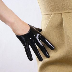 Fingerless handskar patent läder kvinna ultrashort 13cm imitation äkta ljus svart olined fransk stil kvinnlig vants pu18