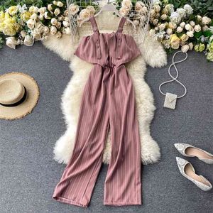 Kvinnors sommar jumpsuit sexig öppen rygg suspender ruffle tube topp hög midja tunna randiga bredben byxor gx027 210507