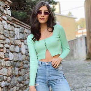 Knitted Blouse Crop Tops Women Button Up Long Sleeve Slim Cardigan Vinatge Spring Autumn Light Green Top 210427
