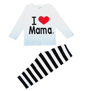 Neonate Pigiama Set T-Shirt I Love Mama Stripe Pants 100% Cotton Kid pijama Vestiti per ragazza bambini Sleepwear Top Quality 210413