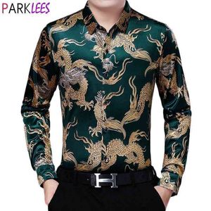 Men's Green Velvet Velour Dress Shirts Fashion Chinese Dragon Gold Print Shirt Men Social Casual Confortable Shirt Male 4XL 210522